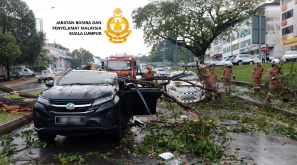 KENDERAAN yang ditimpa pokok tumbang di Taman Pagar Ruyung hari ini. FOTO Ihsan Bomba.