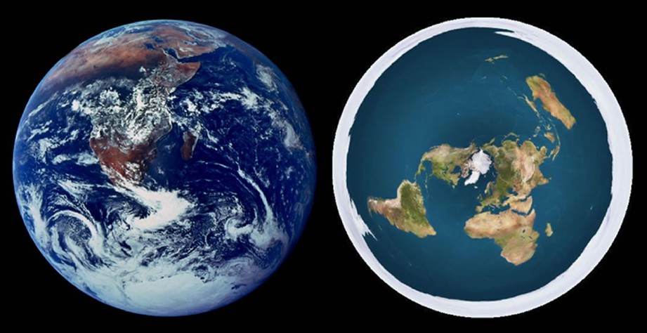BUMI global (kiri) dan pemikiran bumi datar (kanan). FOTO/AGENSI