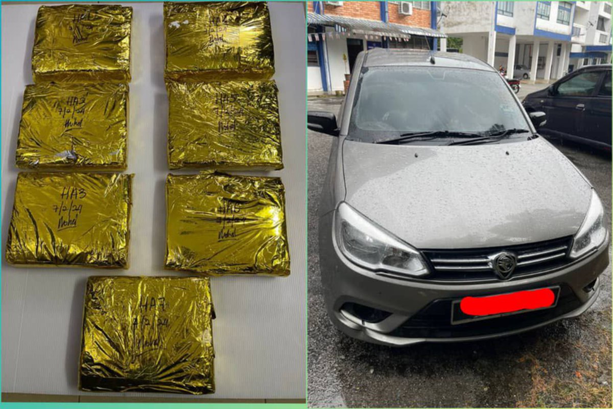 KERETA Proton Saga bersama tujuh bungkusan plastik ganja bernilai RM 22,000 dirampas daripada dua lelaki warga tempatan berhampiran JPJ Kalumpang, semalam. FOTO Ihsan Polis