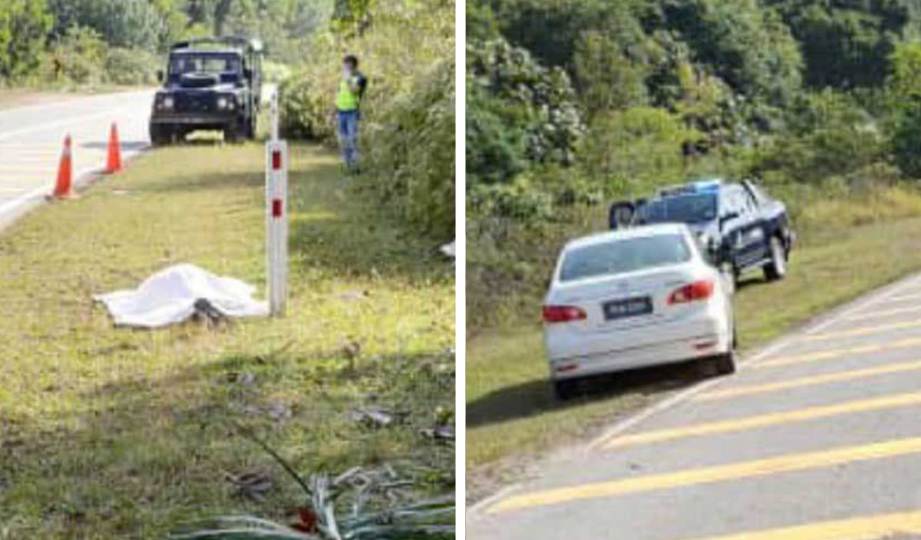 PENEMUAN satu mayat dan sebuah kereta Nissan Shlpy di Kilometer 51 Jalan Jemaluang - Kahang. FOTO Ihsan PDRM