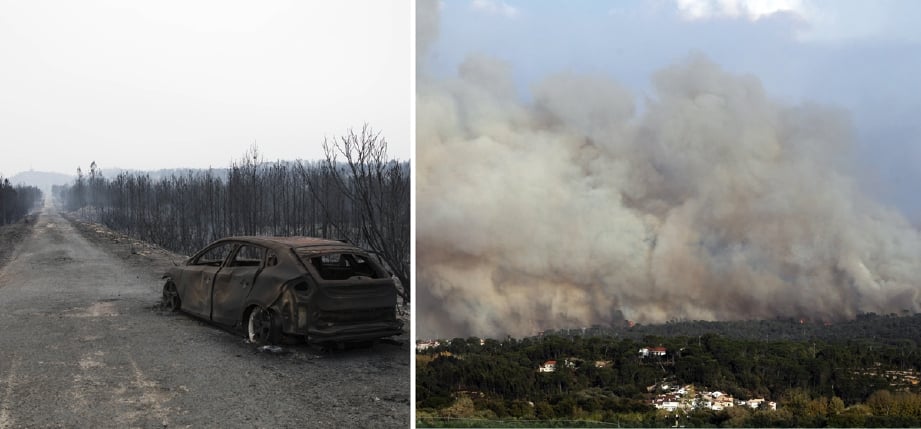 Bangkai kereta yang musnah di tepi jalan jalan raya yang lengang di Vieira de Leiria, Marinha Grande, tengah Portugal, akibat kebakaran hutan. - Foto EPA