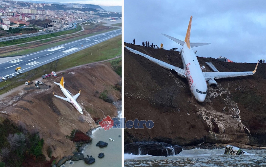 Pesawat Boeing 737-800 milik Pegasus Airlines yang tergantung di tebing Lapangan Terbang Trabzon, Turki, selepas tergelincir ketika berlepas, hari ini. - Foto EPA