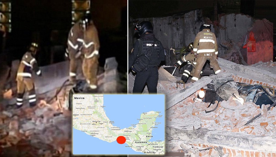 Polis dan anggota penyelamat menggeledah bangunan yang runtuh di Chiapas. - Foto Daily Mail