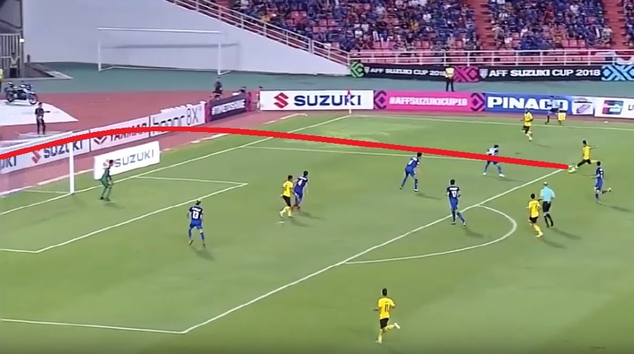 PEMAIN Malaysia, Syahmi Safari (kiri) meledak gol cantik menewaskan penjaga gol Thailand. 