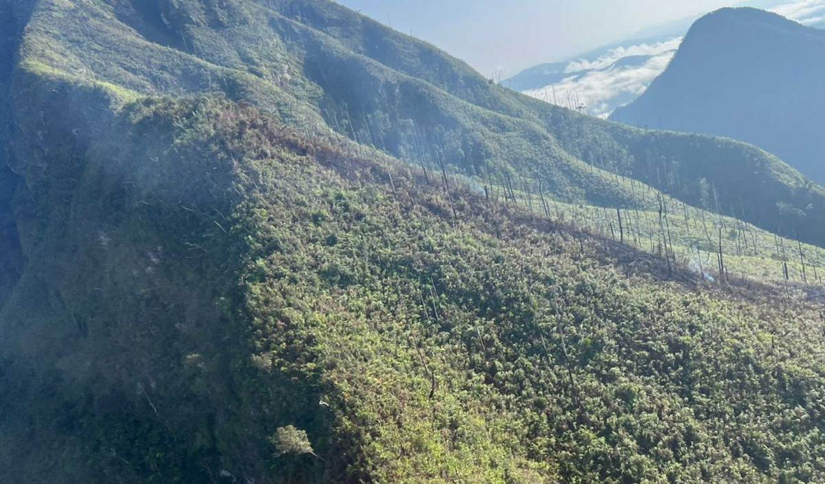 JBPM melakukan tinjauan udara bagi memantau kebakaran kawasan hutan dianggarkan seluas empat hektar pada ketinggian lebih 500 meter dari aras laut di Gunung Kenderong. FOTO JBPM Perak