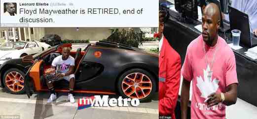 Ellerbe mengesahkan Mayweather bersara dan peninju terbabit menayangkan kereta Bugatti baru dibelinya. - Pix Instagram/Daily Mail