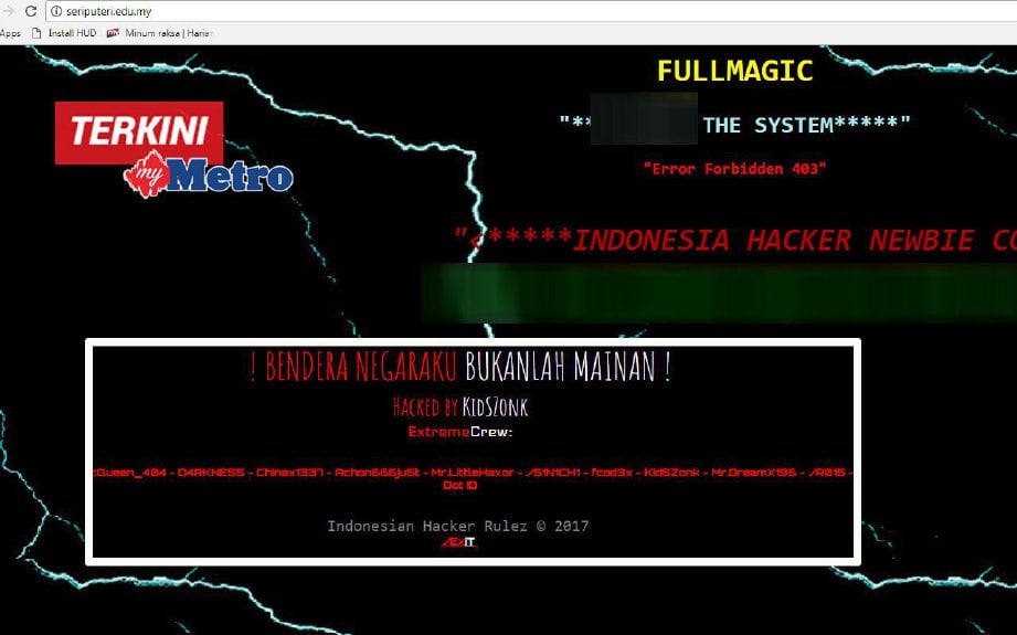Laman web Sekolah Seri Puteri, seriputeri.edu.my dan innercircle.my yang digodam penggodam mendakwa dari Indonesia.
