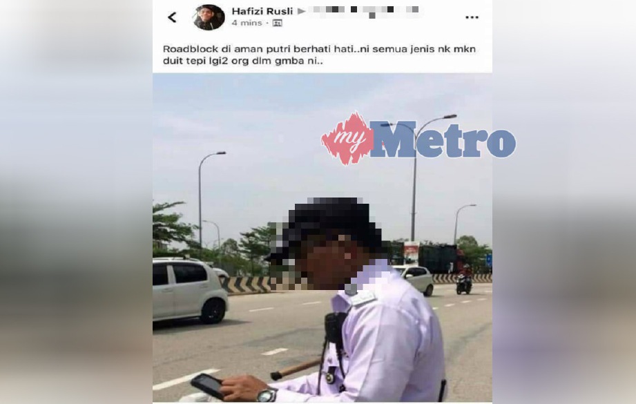 GAMBAR dan status yang dimuat naik oleh lelaki yang memfitnah anggota polis trafik di Facebook, Ahad lalu. FOTO Ihsan Pembaca