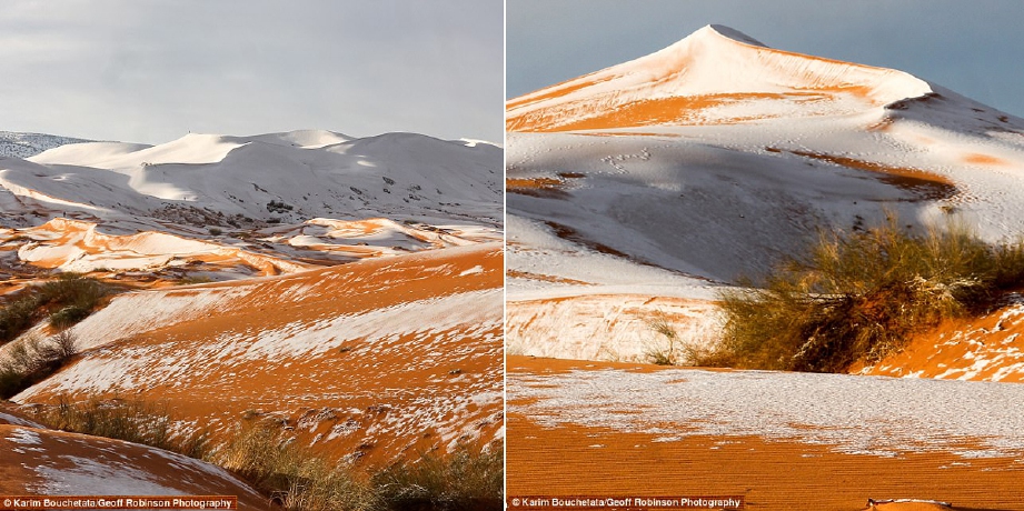 Kawasan padang pasir di Gurun Sahara yang diliputi salji.