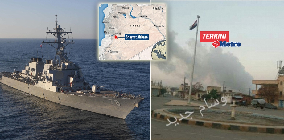 Kepulan asap dari pangkalan udara Homs selepas dibedil peluru berpandu Tomahawk yang dilancarkan dari USS Portal (gambar kiri).