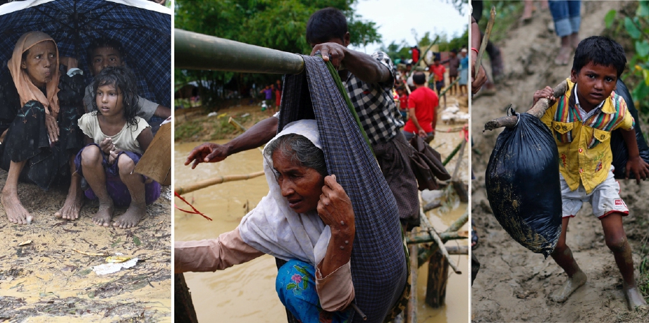 HANYA payung yang ada untuk pelarian Rohingya ini berlindung dari hujan dekat bandar Gumdhum di Bangkadesh dan gambar tengah pelarian menggunakan titi buluh menyeberang sungai dekat Cox’s Bazar dan gambar kanan, kanak-kanak Rohingya membawa beg berat bersama pelarian dewasa ketika tiba di Cox's Bazar. - Foto AFP/REUTERS