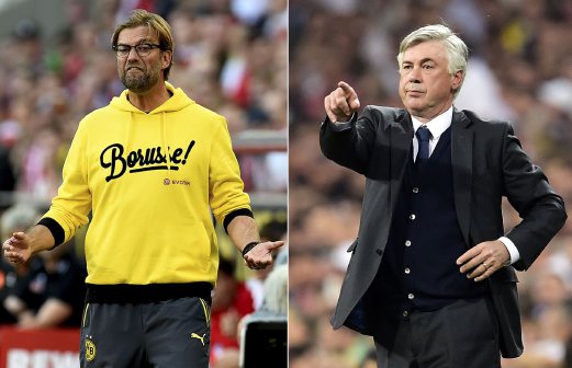 Klopp (kiri) dan Ancelotti bersaing mengisi kekosongan ditinggalkan Rodgers. - Pix AFP