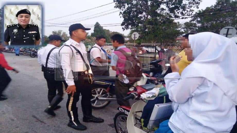 Anggota polis memeriksa pelajar sekolah dalam Ops Khas atau Op Didik di sekolah menengah sekitar Manjung manakala Muhammad Hanif (gambar kecil). FOTO Ihsan Polis.