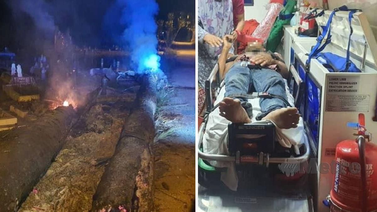 Lokasi kejadian di tanah perkuburan di Jalan Parit 1, Chenderong Balai, Teluk Intan malam tadi. (Gambar kanan) Mangsa berada di dalam ambulans untuk dibawa ke hospital. 