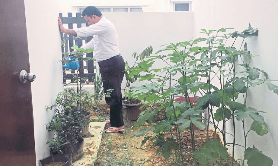 SUAMI Rashidah membantu menyiram tanaman yang ditanamnya.