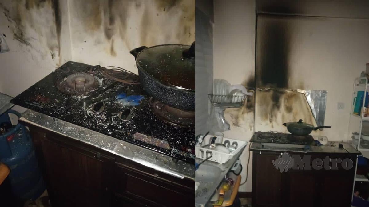 KEADAAN sebuah dapur masakan yang mengalami kebakaran hingga menyebabkan seorang wanita warga emas melecur pada bahagian muka akibat disambar api. FOTO ihsan JBPM