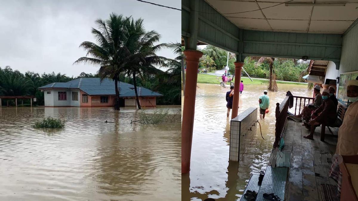 AHLI kariah Masjid Kampung Seri Bayas, Permaisuri, Setiu meredah banjir selepas selesai menunaikan solat Jumaat di kampung mereka, hari ini. FOTO Nurul Fatihah Sulaini