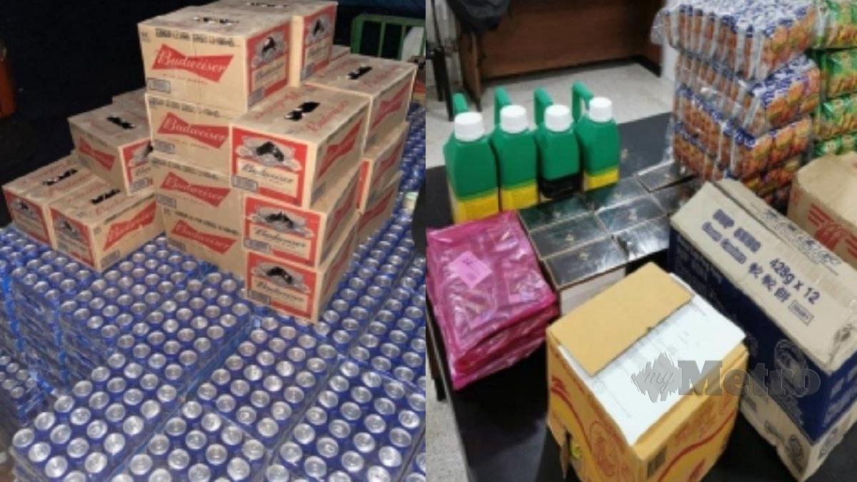 PELBAGAI jenis barangan keperluan, minuman keras dan rokok yang dirampas oleh PGA Sarawak. FOTO Melvin Joni