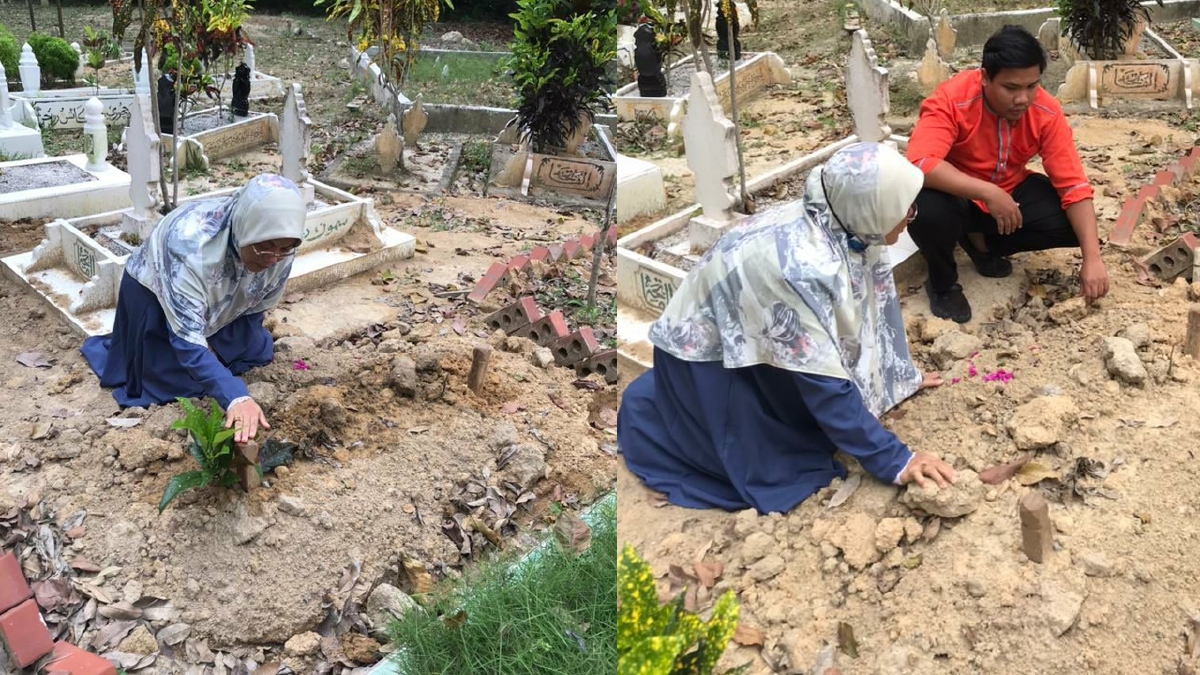 NORLIDA Abu Hassan menziarahi kubur anak angkatnya, Adik di Tanah Perkuburan Islam Padang Lebar, Simpang Bekoh, Jasin, Melaka. FOTO ihsan Norlida Abu Hassan