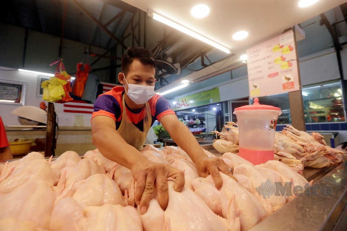 KAMSUL menyusun ayam di kedainya ketika tinjauan harga di Kipmart Tampoi, Skudai, Johor. FOTO Nur Aisyah Mazalan