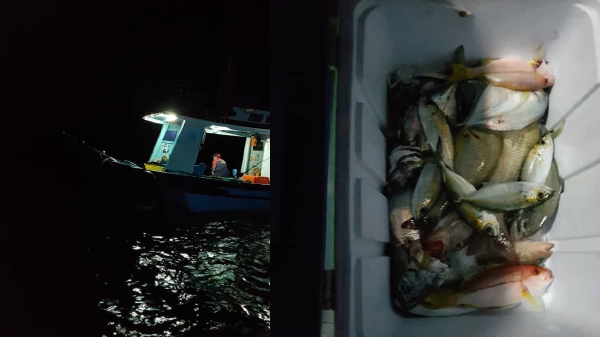 DUA bot bersama 12 pemancing ditahan kerana menangkap ikan dalam kawasan Taman Laut di sekitar Pantai Pulau Aur di sini, semalam. FOTO ihsan JABATAN PERIKANAN