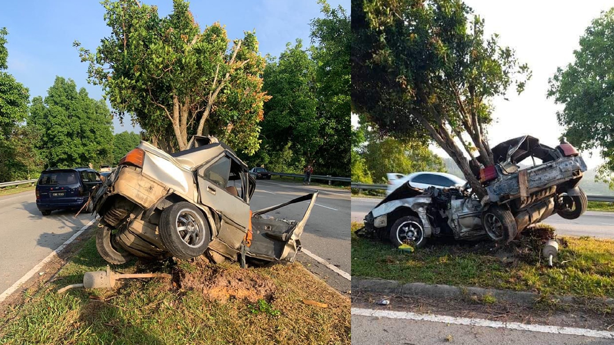 KEADAAN kereta mangsa yang remuk selepas terbabit kemalangan dalam kejadian di Kilometer 17 Lebuh Alor Gajah- Melaka Tengah- Jasin (AMJ) Jalan Serkam- Merlimau, hari ini. FOTO ihsan POLIS