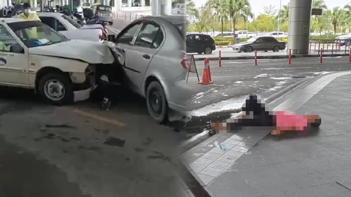 PEMANDU yang mengamuk merempuh tiga kenderaan terbaring dalam kejadian di kawasan Lapangan Terbang Antarabangsa Kota Kinabalu (KKIA). FOTO ihsan Pembaca