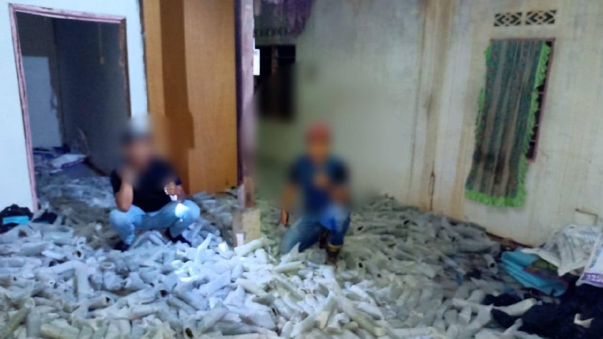 POLIS menyerbu sebuah rumah di FELCRA Lubuk Sireh, Padang Besar dan menemui 500 kg daun ketum berselerakan di lantai rumah. FOTO ihsan PDRM