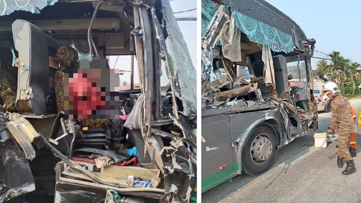 KEADAAN pemandu dan bas yang terbabit dalam kemalangan enam kenderaan di KM 37 Jalan Kota Bharu - Kuala Terengganu, Pasir Puteh. FOTO Ihsan Bomba/Pembaca