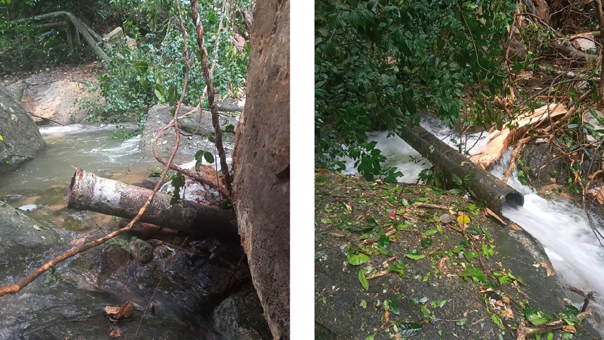 SALURAN paip air mentah yang pecah di Kawasan Muka Sauk Air Mentah Titi Kerawang, Balik Pulau, di sini. FOTO ihsan PBAPP