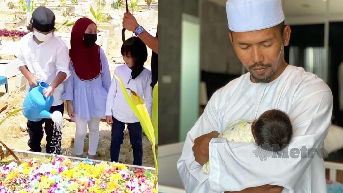 SHUIB bersama anak-anak, Uwais (dari kiri), Talita dan Matin ketika melawat ke kubur Allahyarham Siti Sarah, semalam.