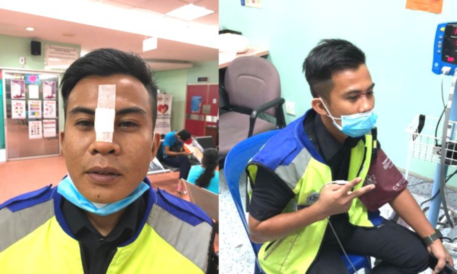 KEADAAN Konstabel Muhammad Haizad Nordin, 28, yang cedera di bahagian hidung akibat terkena kipas selepas khemah di lokasi dia bertugas. FOTO ihsan Polis