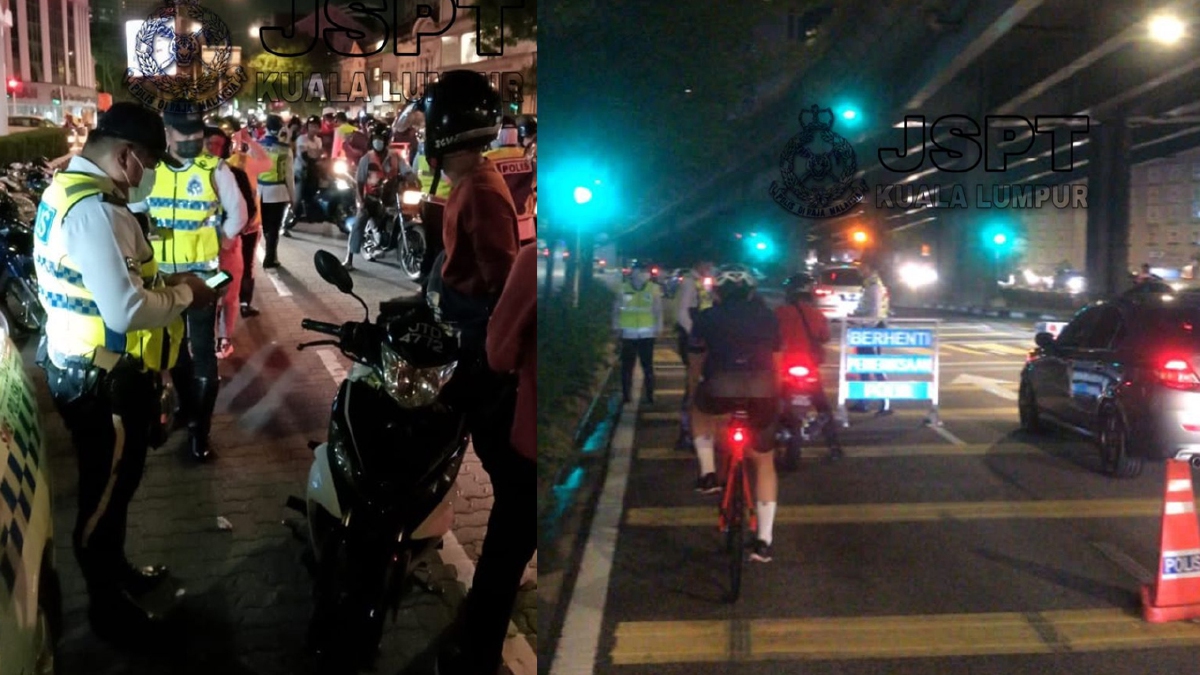 ANTARA penunggang motosikal yang ditahan dalam operasi dilakukan JSPT Kuala Lumpur sekitar ibu kota. FOTO ihsan PDRM