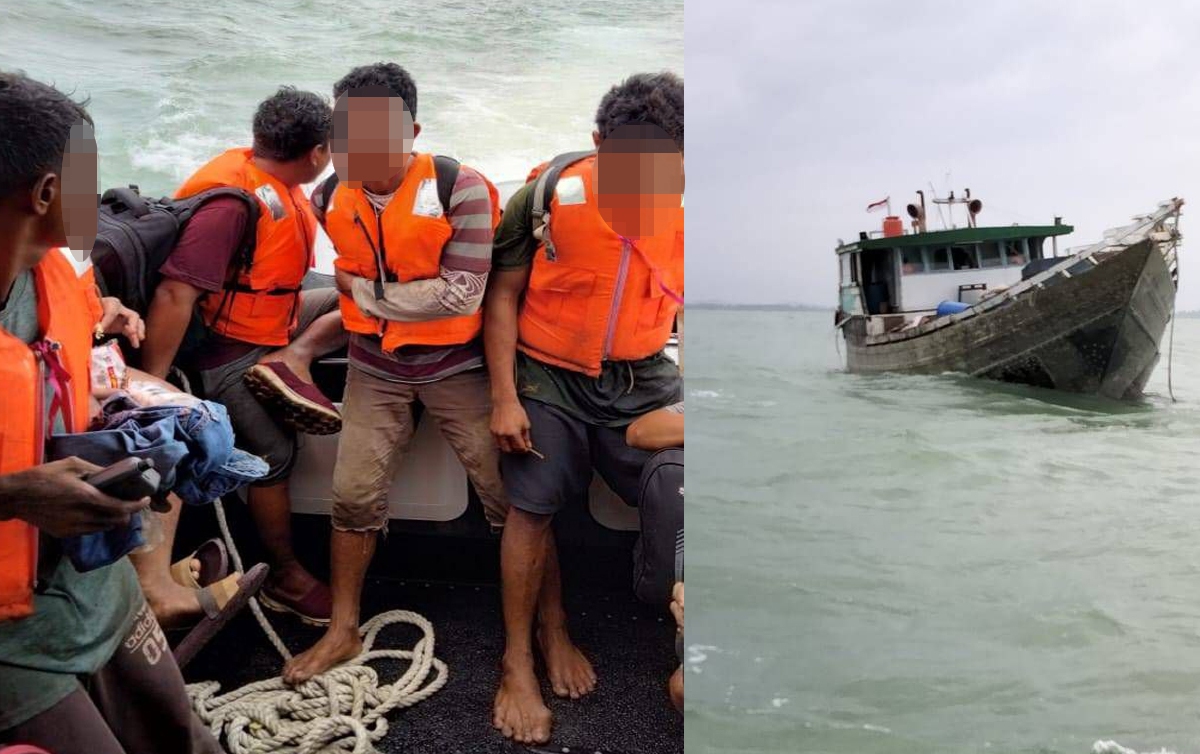 SERAMAI sembilan kru warga Indonesia berdepan detik cemas apabila bot 'barter trade' yang dinaiki dimasuki air dan hampir tenggelam. FOTO ihsan APMM JOHOR