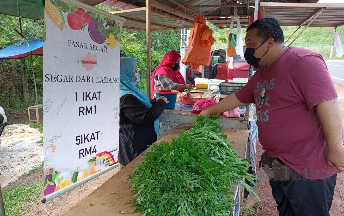NORHAYATI Komiza dan suami Jumahir Sulkiah, 51 dengan sayur seikat RM1 yang dijualnya di Kampung Paku, Alor Gajah di sini. FOTO Nazri Abu Bakar