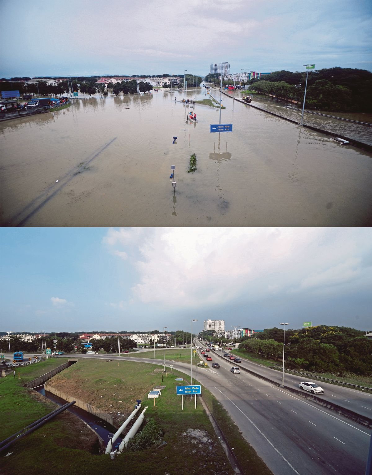 KOMBINASI gambar ketika kejadian banjir terarikh 19 Disember 2021 (atas) dan yang terkini bertarikh 29 Disember 2021. FOTO Bernama