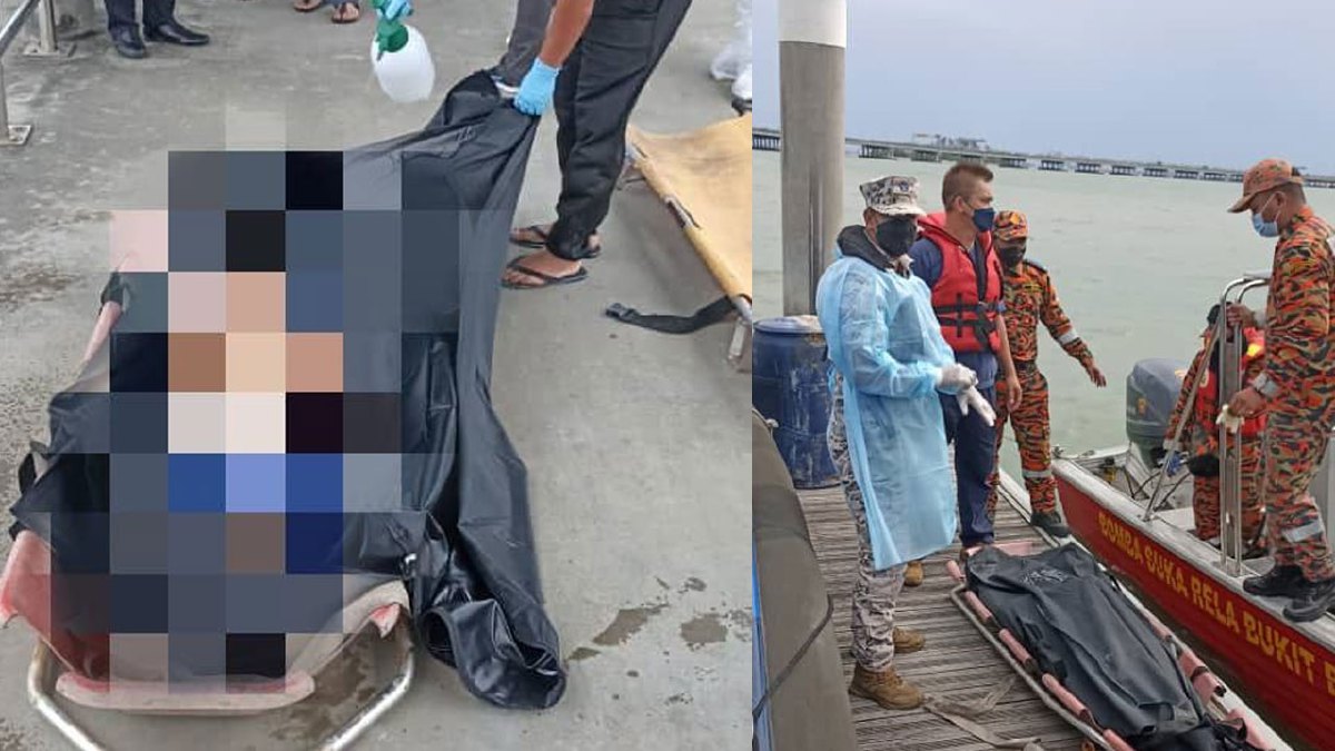 MAYAT lelaki yang dipercayai terjun dari Jambatan Pulau Pinang ditemukan terapung berhampiran sangkar ikan di perairan Pulau Jerejak, di sini. FOTO ihsan APMM