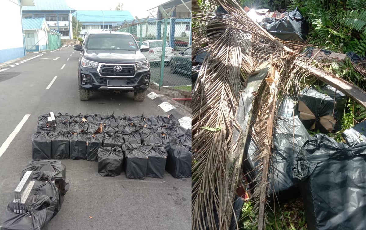 ROKOK seludup disembunyikan di bawah pelepah kelapa sawit oleh suspek. FOTO PGA Sabah