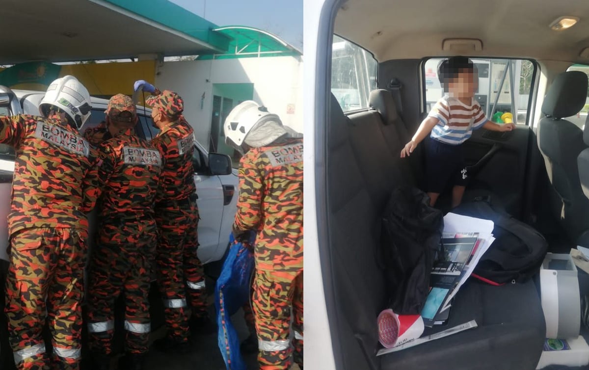 KANAK-KANAK lelaki berjaya diselamatkan oleh anggota bomba selepas terperangkap di dalam kenderaan pacuan empat roda di sebuah stesen minyak dekat Behrang, hari ini. FOTO ihsan JBPM
