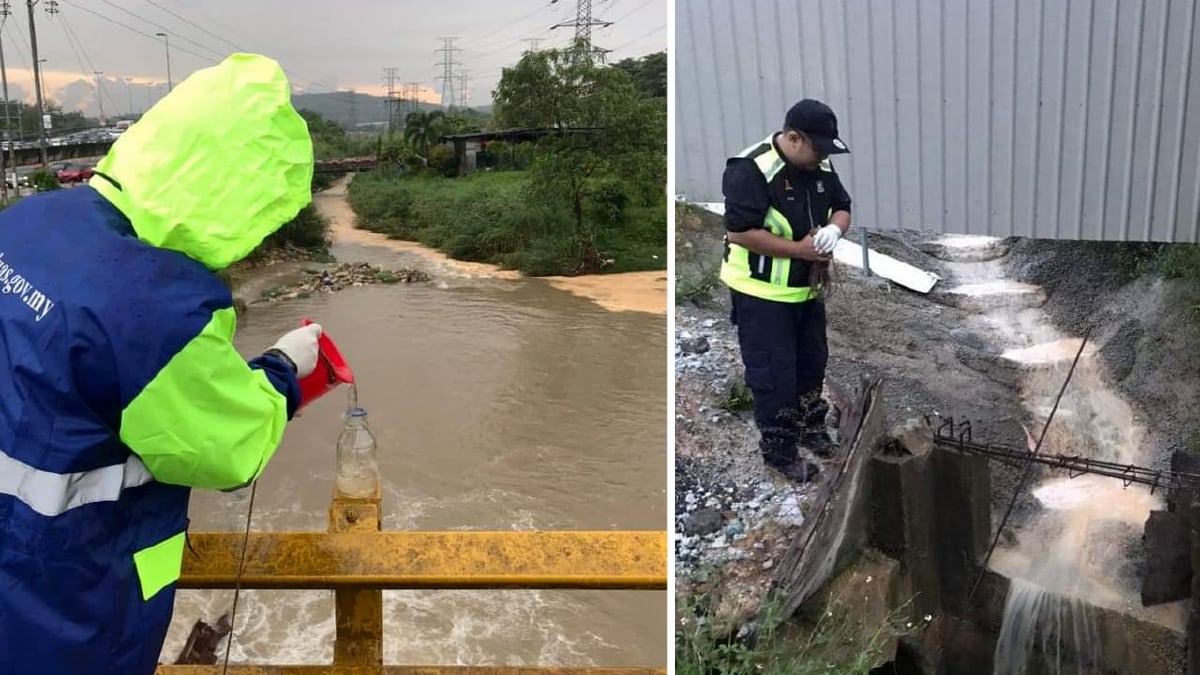 PEGAWAI LUAS mengambil sampel air Sungai Gong yang keruh akibat kerja tanah sebuah tapak pembangunan, hari ini. FOTO Ihsan FB LUAS