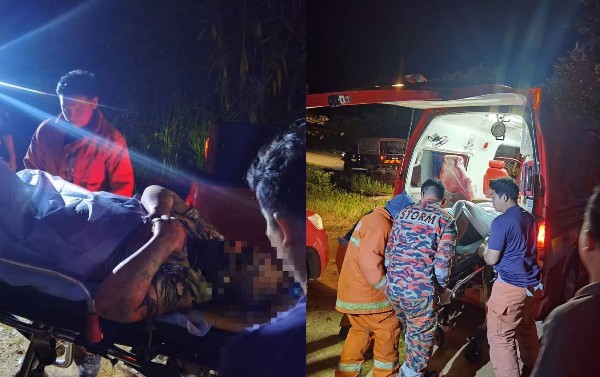 MANGSA dihantar ke hospital selepas melecur di bahagian badan dalam kejadian di Kampung Kiukad Lotong, Tambunan. FOTO ihsan Bomba