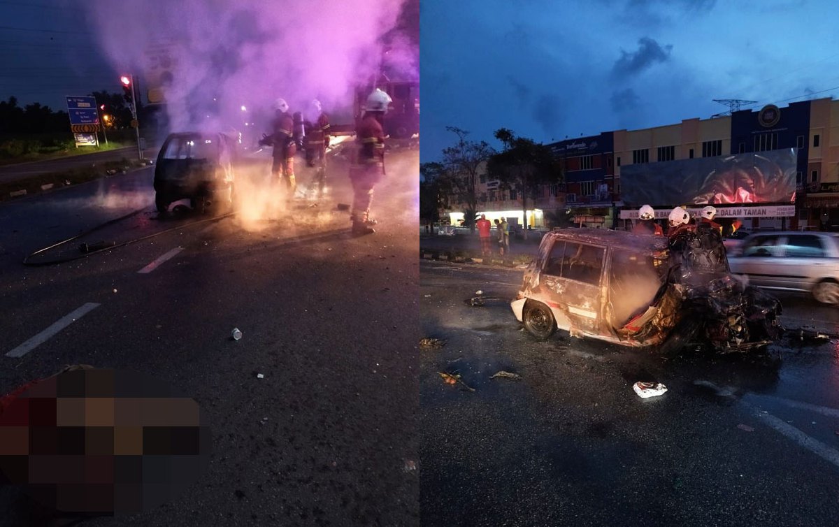 PEMANDU kereta Perodua Kancil tercampak keluar dari keretanya yang terbakar selepas terbabit dalam kemalangan dengan sebuah lori syarikat pembersihan berhampiran pasaraya di Mergong. FOTO ihsan BOMBA