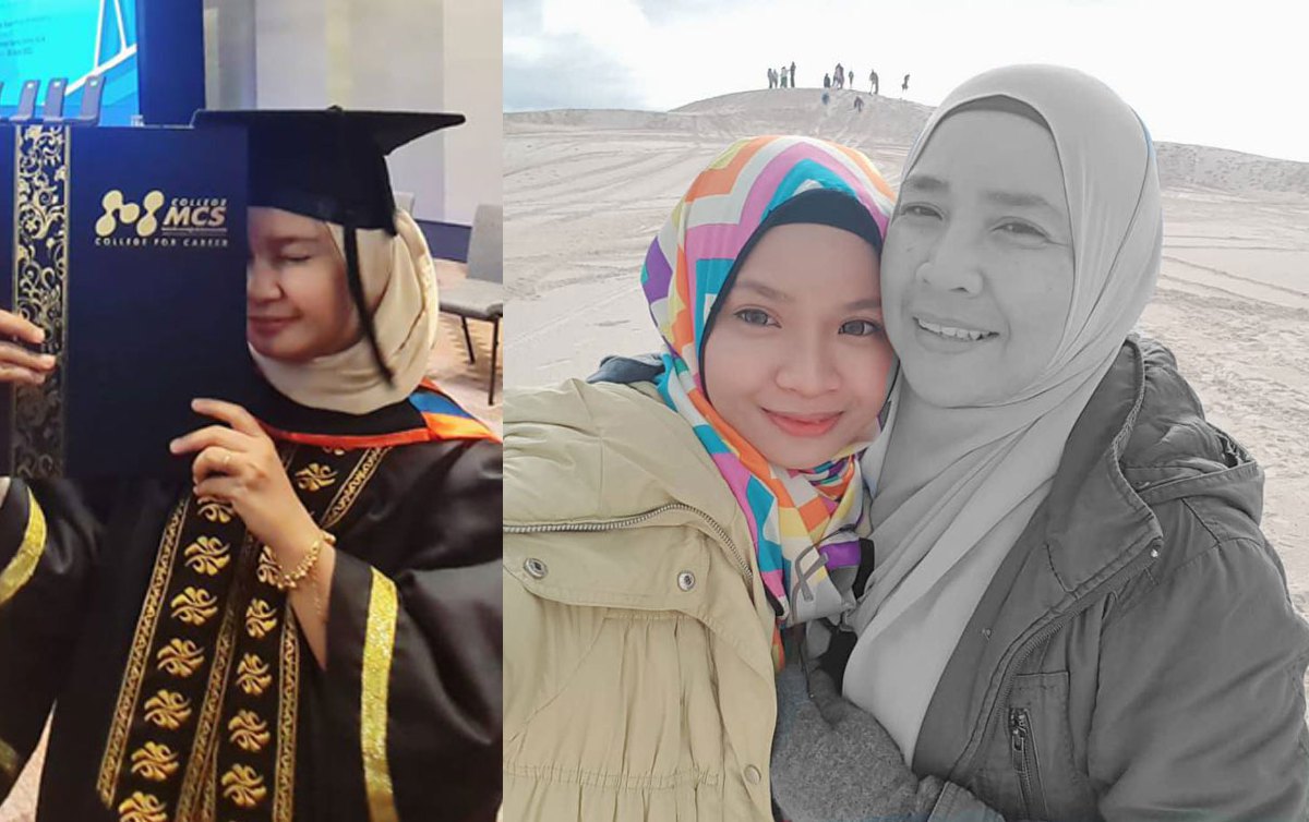 GAMBAR kenangan Siti Aishah bersama Allahyarhamah ibunya, Zalina. Gambar kiri, Siti Aishah pada majlis konvokesyen.