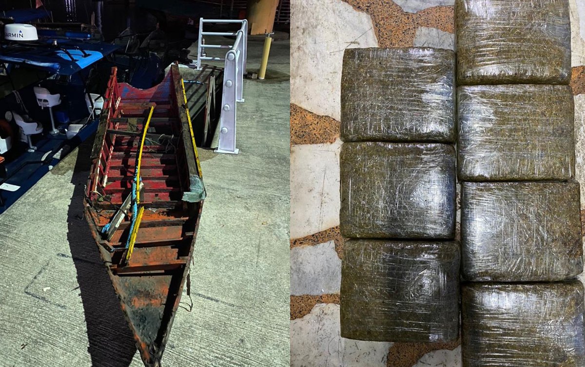 PASUKAN Polis Marin Langkawi, Wilayah Satu menemui tujuh ketulan mampat ganja yang ditinggalkan dalam sebuah sampan kayu yang hanyut. FOTO ihsan PASUKAN POLIS MARIN LANGKAWI