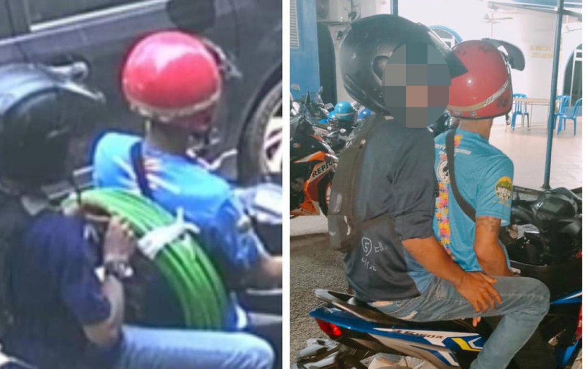 DUA lelaki berjaya ditahan polis selepas disyaki mencuri kabel bernilai RM2,000 dari sebuah kedai di Pandan Perdana, Ampang, semalam. FOTO ihsan POLIS