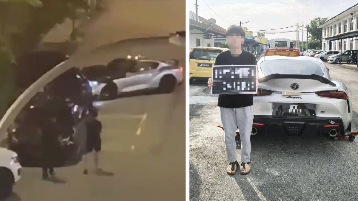 TANGKAP layar video tular menunjukkan aksi drift dilakukan lelaki hingga merempuh kenderaan lain (kiri) dan suspek (gambar kanan) ditahan manakala kereta disita. FOTO ihsan Polis