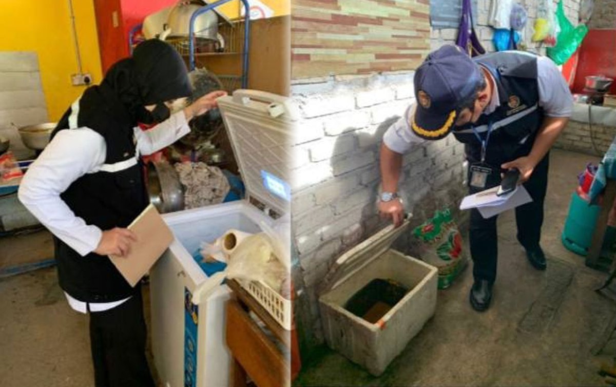 KAKITANGAN Jabatan Kesihatan Negeri Kelanatan sedang melakukan pemeriksaan premis makanan dalam Operasi Bersepadu Premis Bersih yang diadakan di daerah Kuala Krai semalam. FOTO ihsan JKNK