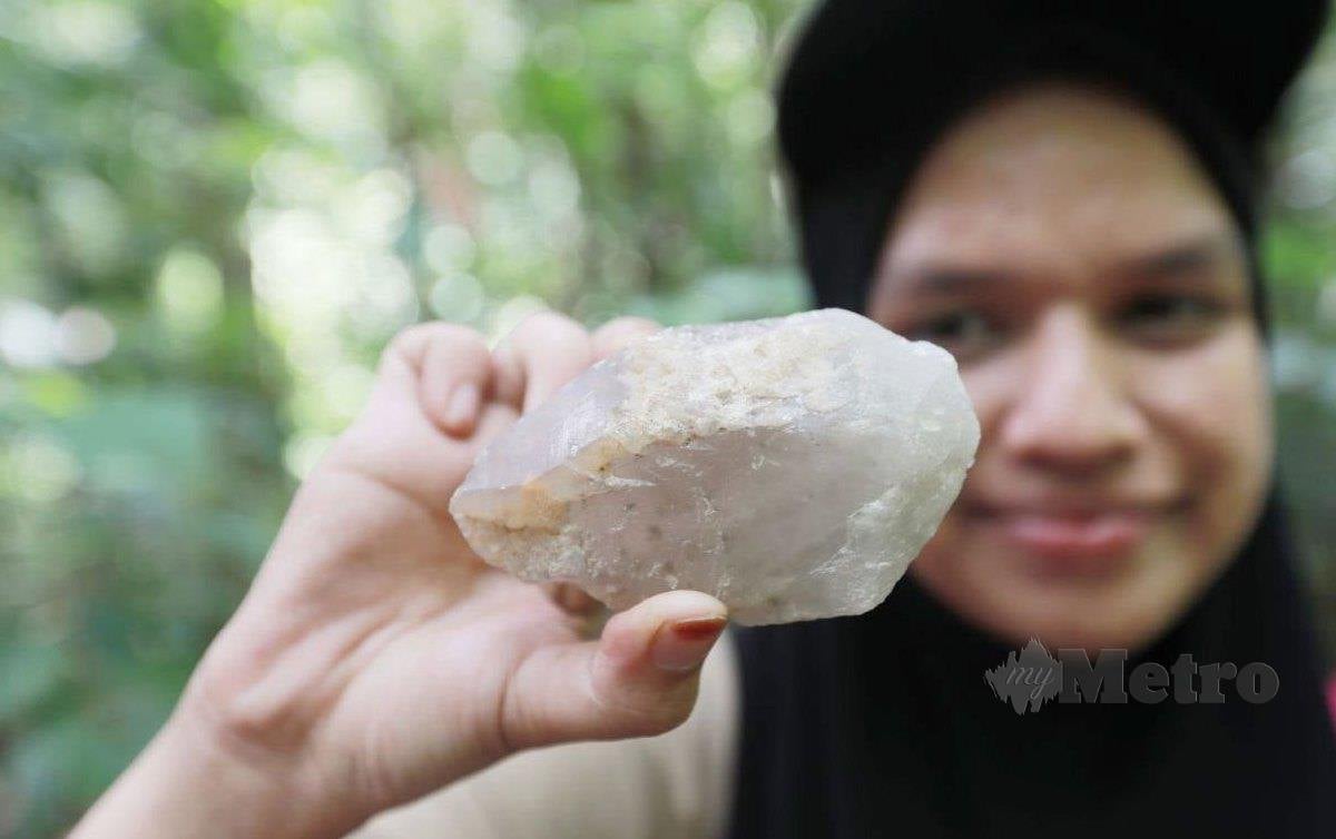 NUR Ain menunjukan batu kristal yang ditemui di Hutan Simpan Jerantut (Tambahan) pada Ekspedisi Kepelbagaian Biologi Hutan di Hutan Simpan Jerantut (Tambahan) Ulu Cheka. FOTO Mohd Rafi Mamat