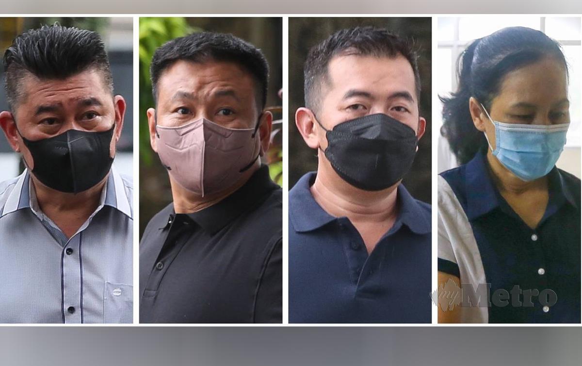 Dari kiri, Ooi Khar Giap, Lim Yong Choon, Woong Chew Hoe, dan Chye Lay Hoon, 52, mengaku tidak bersalah di Mahkamah Sesyen Butterworth di sini. FOTO Danial Saad