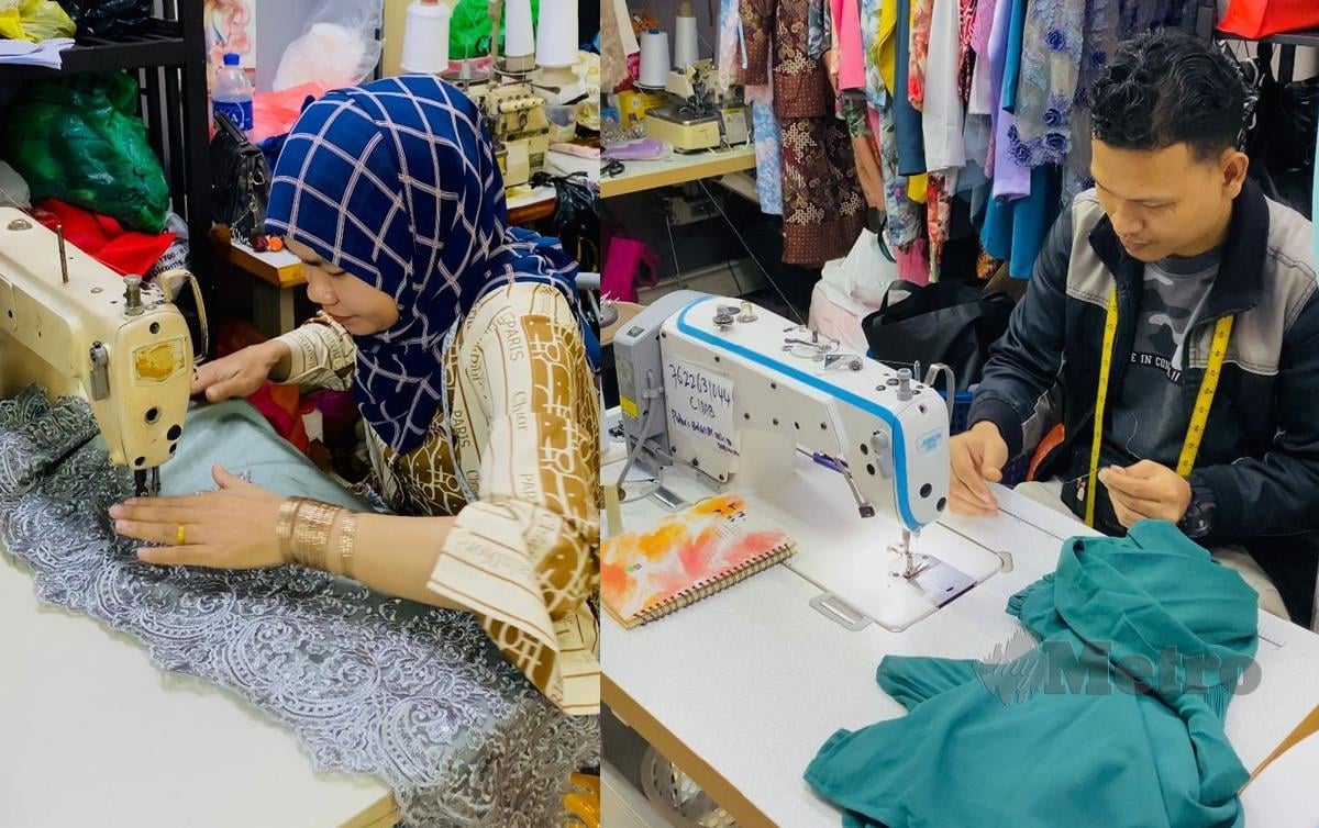 Umi kalsom gigih menyiapkan tempahan busana aidilfitri sepanjang bulan Ramadan dan Jue (gambar kiri) menyiapkan 'alteration' baju kurung yang baru diterima.
